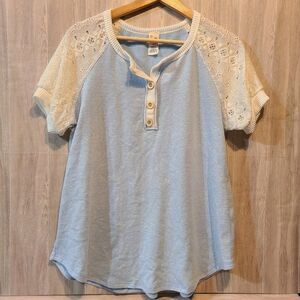 7th Roy Light Blue Shirt M Lace Sleeve Knit Henley Tee Blouse Top Women 7th Ray